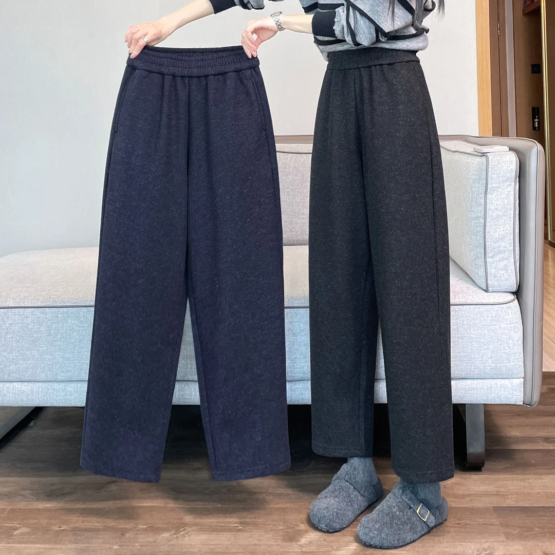 小个子慵懒软糯米毛呢裤女秋冬加绒哈伦显瘦仿羊毛阔腿休闲弯刀裤