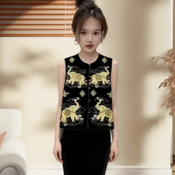 越越女装女春秋2025新款复古高级感刺绣马甲真丝丝绒新中式国风