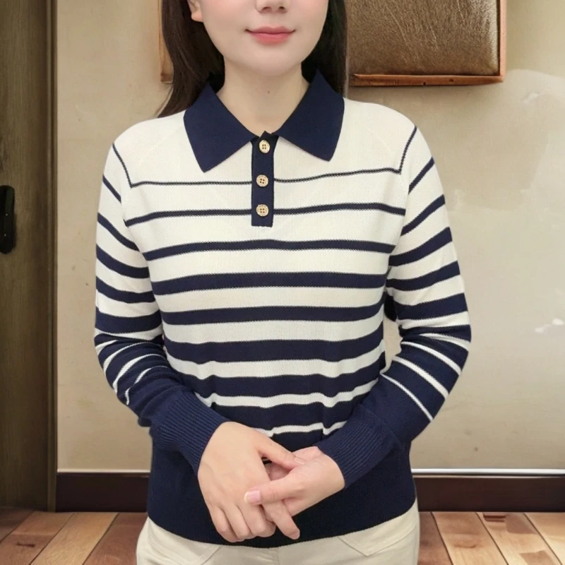 长袖气质优雅条纹兰精天丝桑蚕丝长袖针织衫