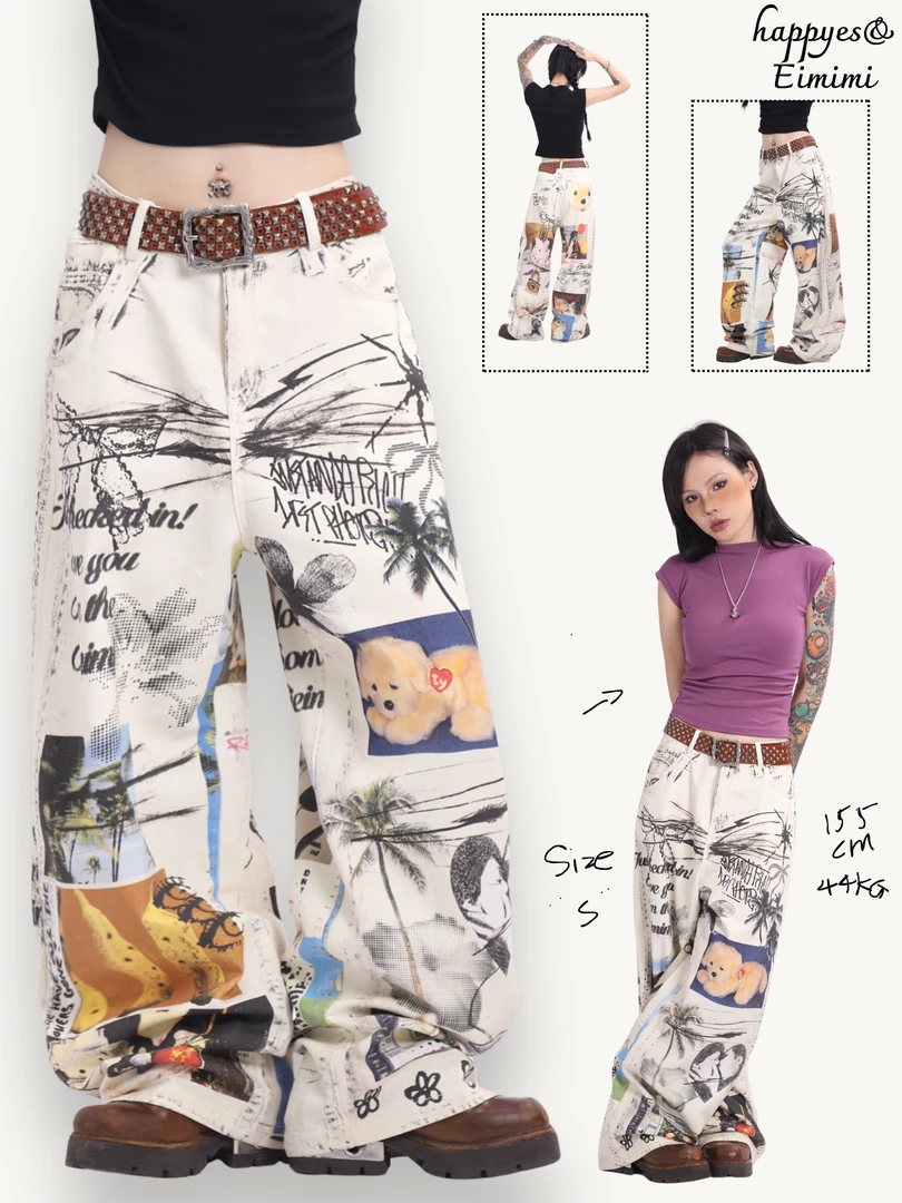 happyes原创猫狗模块图像高清防水洗牛仔印花牛仔裤男女同款