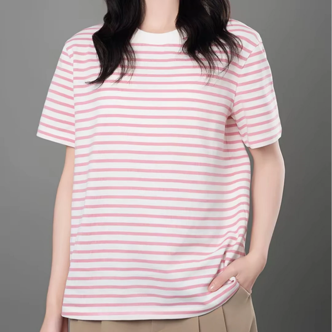 AMASS/阿玛施时尚雅丹风休闲半袖条纹百搭显瘦短袖圆领T恤5300902