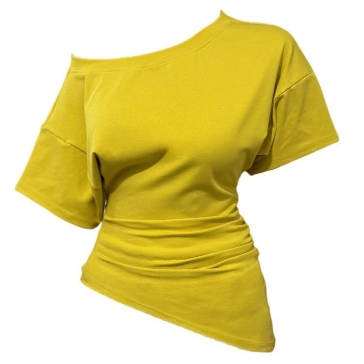 微胖mm纯欲风斜肩短袖T恤女设计感不规则褶皱显瘦辣妹上衣-1039