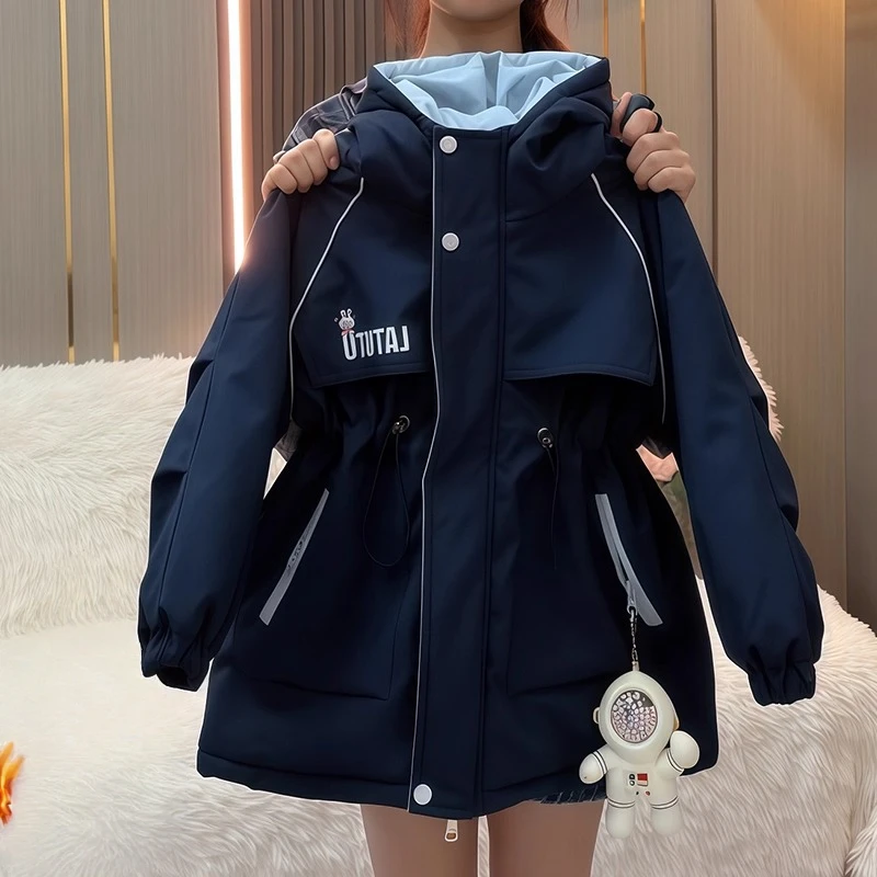 女童夹棉加绒收腰冲锋衣2025新款秋冬连帽卡通棉服二棉外套派克服