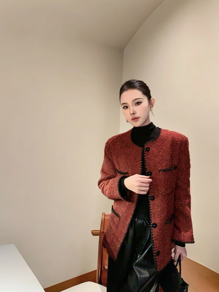 Jiangyining黑红撞色编织复古小香风外套秋冬女夹棉款百搭W014