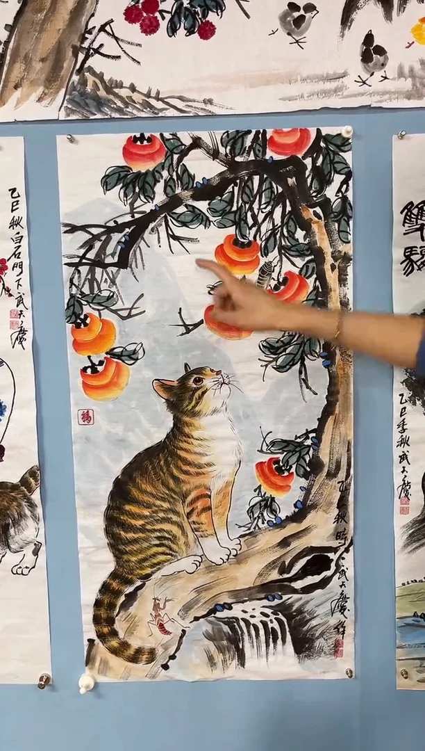 国画武天庆柿子猫图
