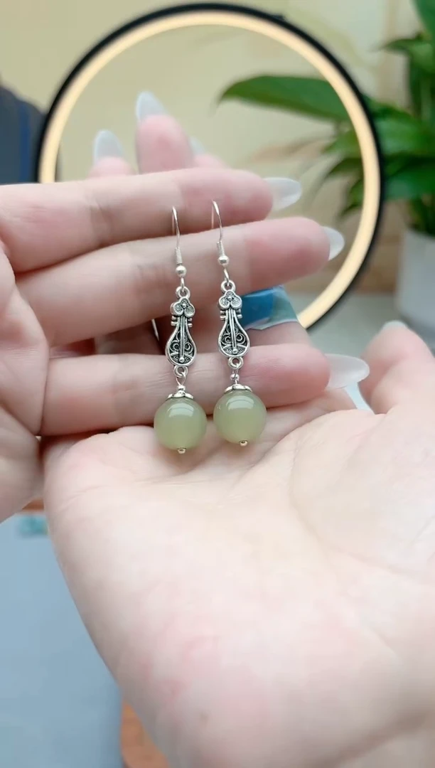 东陵石银S925镶嵌耳饰6233