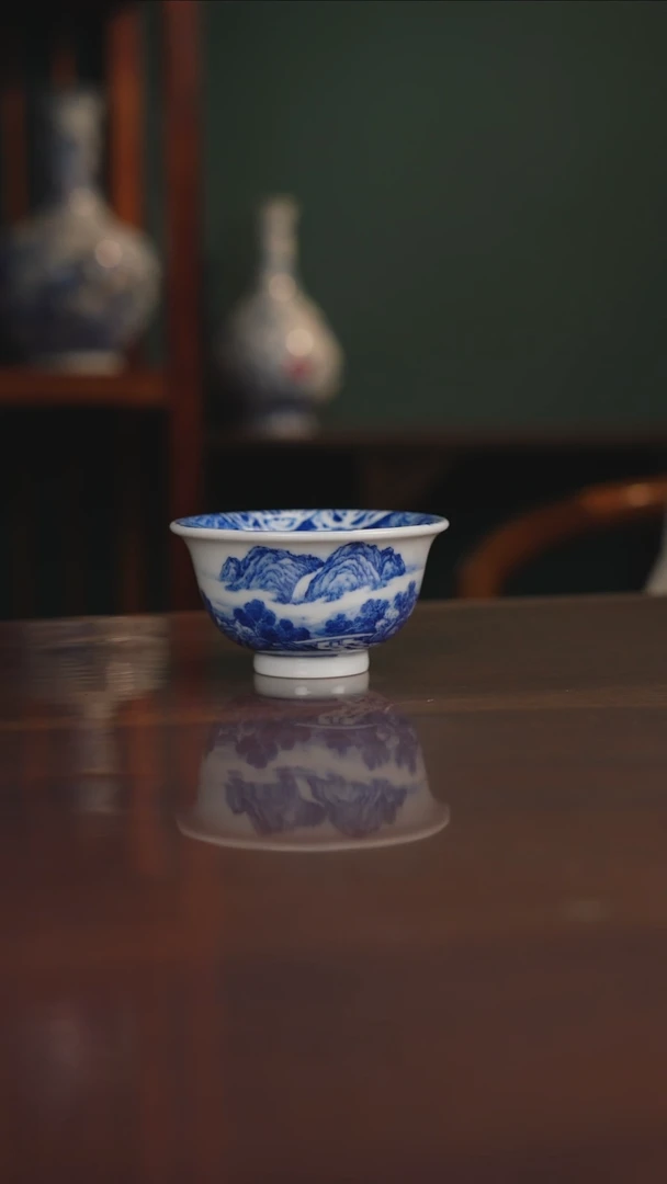 晓月柴窑 山水压手杯