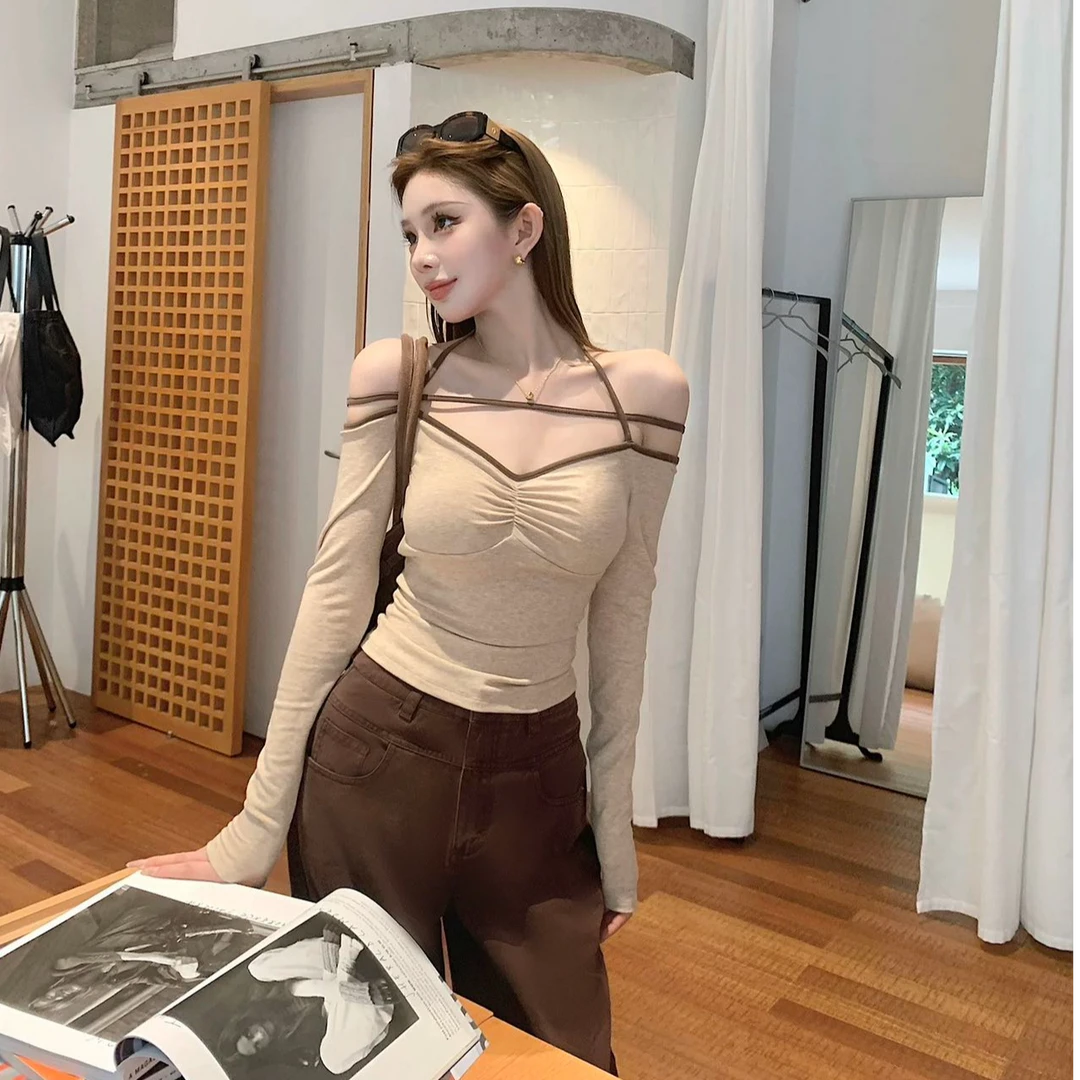 纯欲辣妹性感露肩系带挂脖T恤上衣chic早秋新款长袖修身百搭小衫