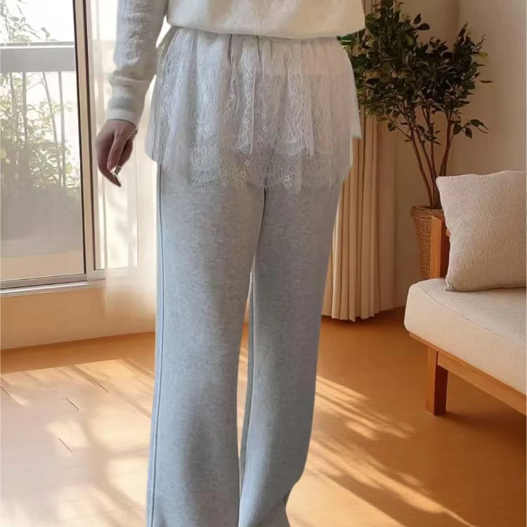 芭蕾蕾丝花边拼接阔腿裤女春季新款两穿辣妹直筒百搭休闲卫裤