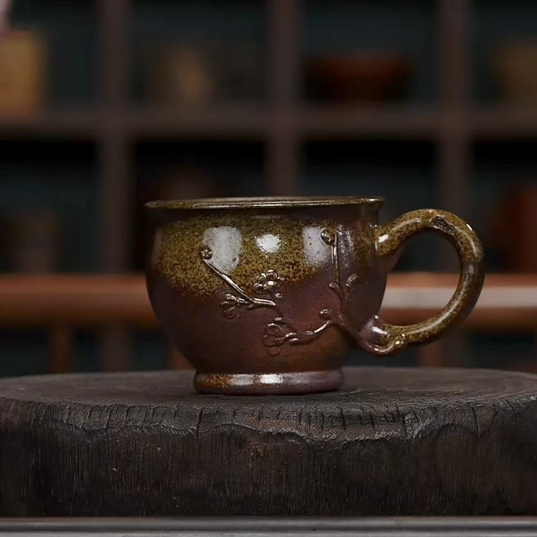 宜兴紫砂 | 原矿全手工 柴烧桃花泥  梅花主人杯