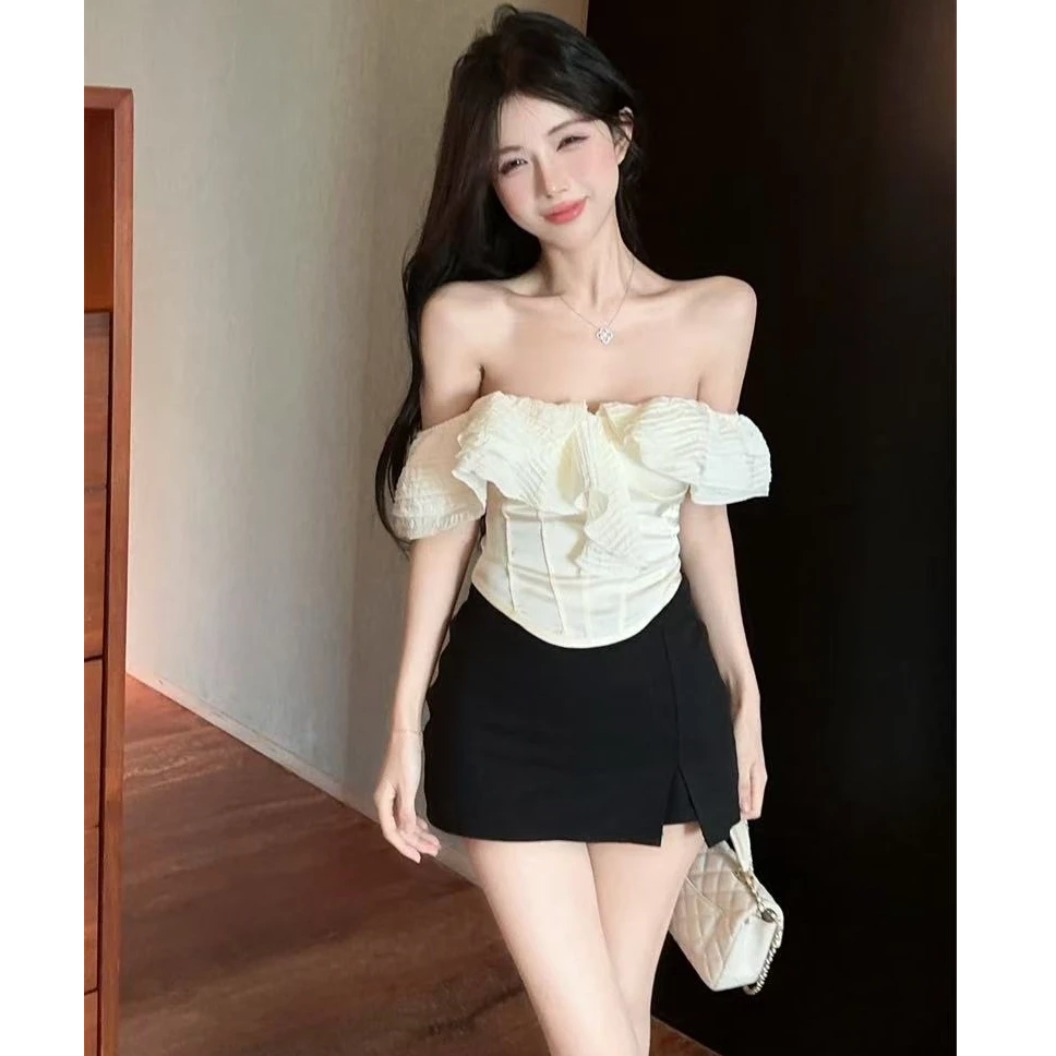 法式一字肩荷叶边收腰露肩衬衫显瘦气质上衣配高腰半身裙两件套