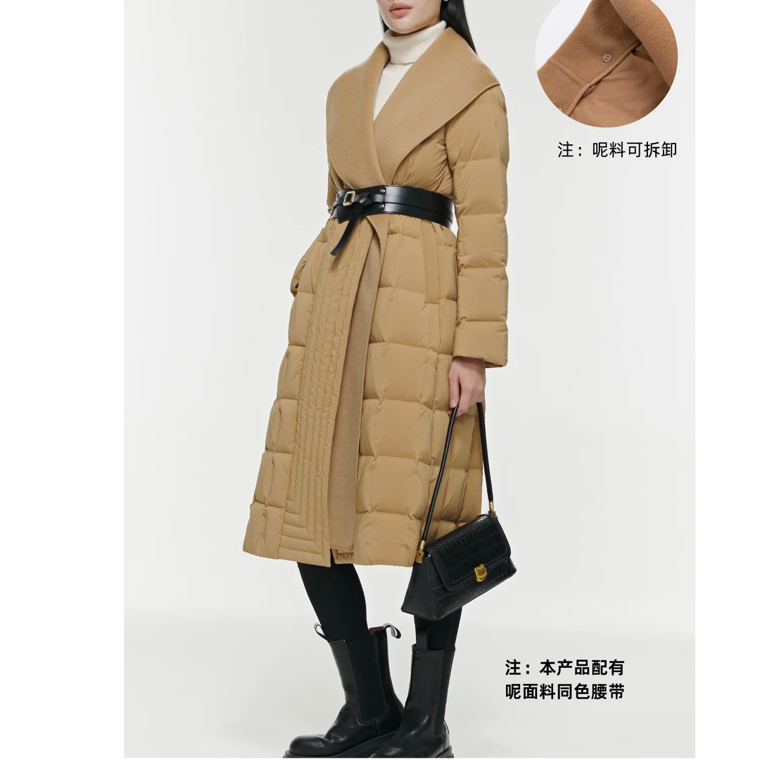 高级外套收腰羽绒服可拆100羊毛V领鹅绒大衣高智秋冬中长款90绒子
