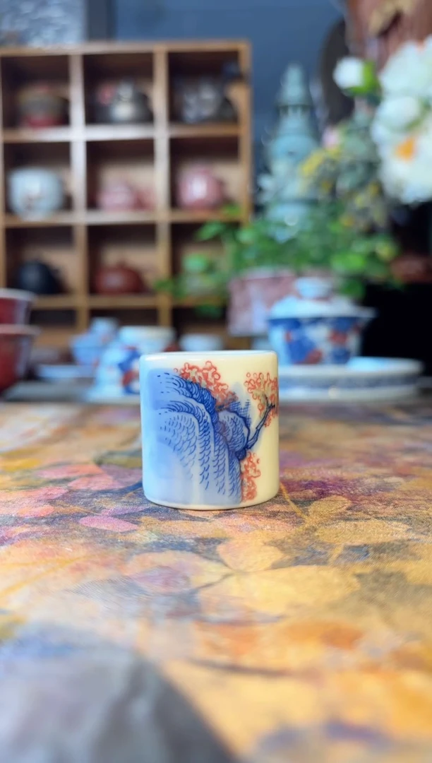 瓷青花手绘釉里红盖置