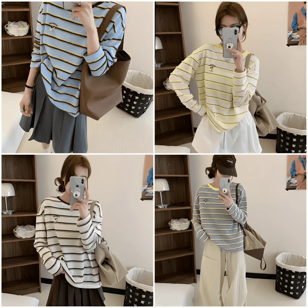 25年早秋新款气质条纹刺绣长袖百搭T恤显瘦休闲韩版女打底衫