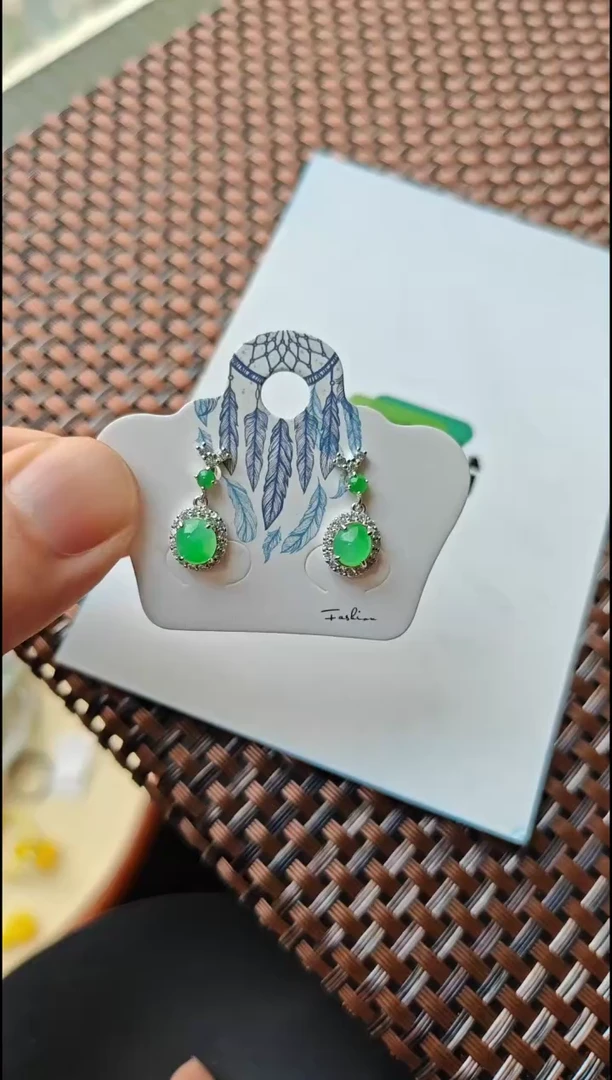 【闪购商品】翡翠耳饰银S925镶嵌翡翠耳饰S925银镶嵌