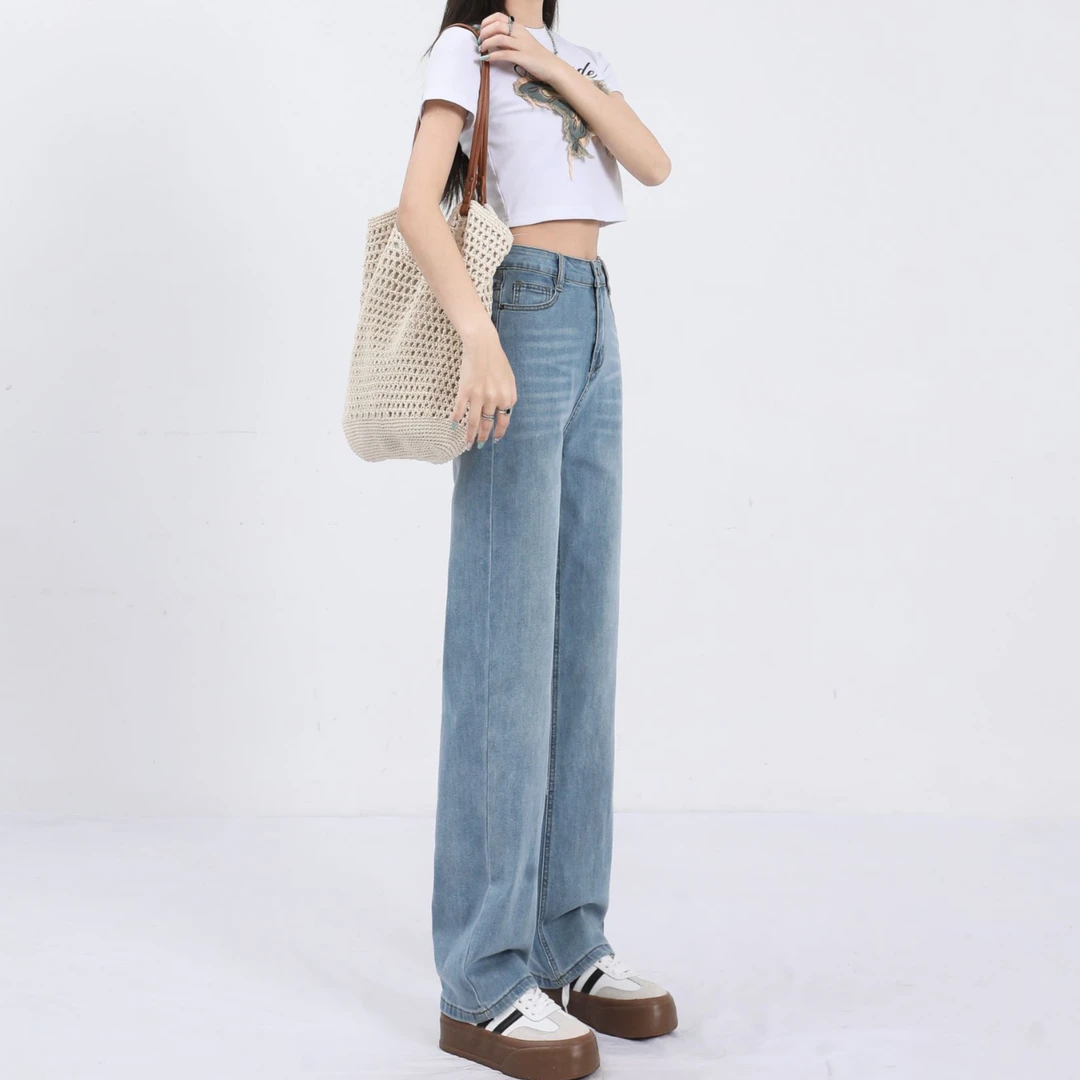 6233冰川蓝窄版直筒四面弹牛仔裤女2025新款高腰复古时尚阔腿裤女