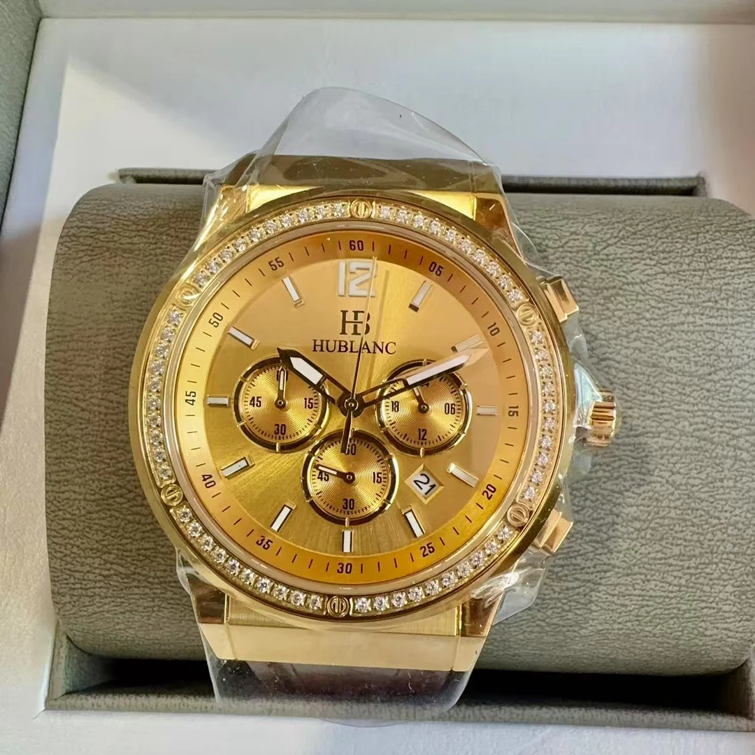 男士石英机芯防水真皮商务黄金腕表手表镶钻