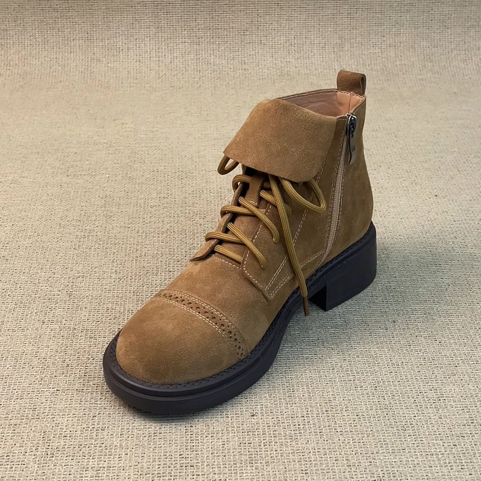 RubyL/4.5cm简约休闲复古磨砂舒适百搭系带圆头粗跟马丁靴女款