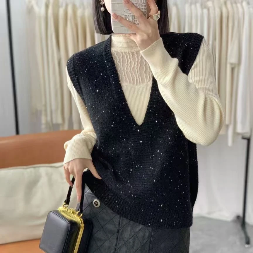 2025春季新款时尚洋气宽松百搭减龄V领亮片针织毛衣背心马甲上衣