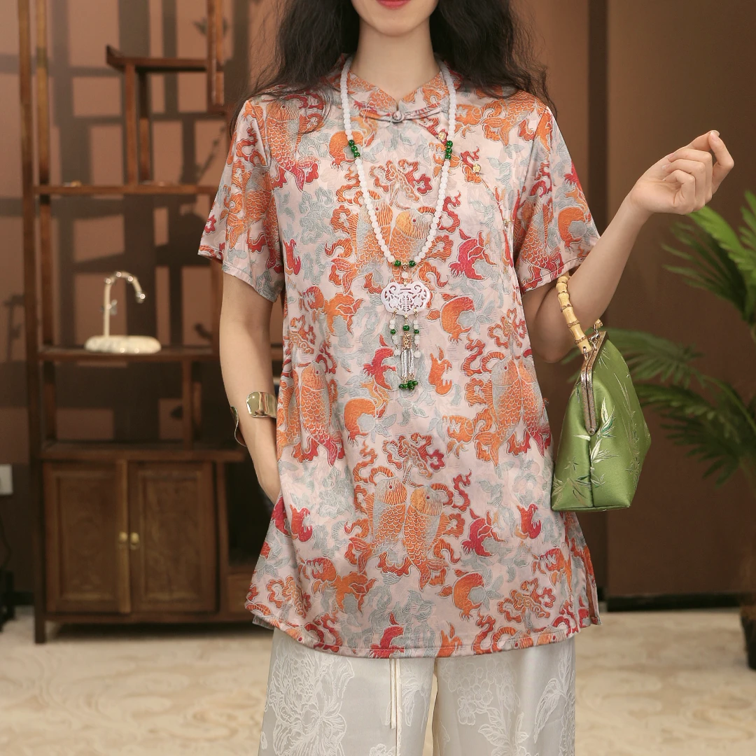 【鱼跃龙门】新中式中国风中长款时尚夏季复古上衣-Y778