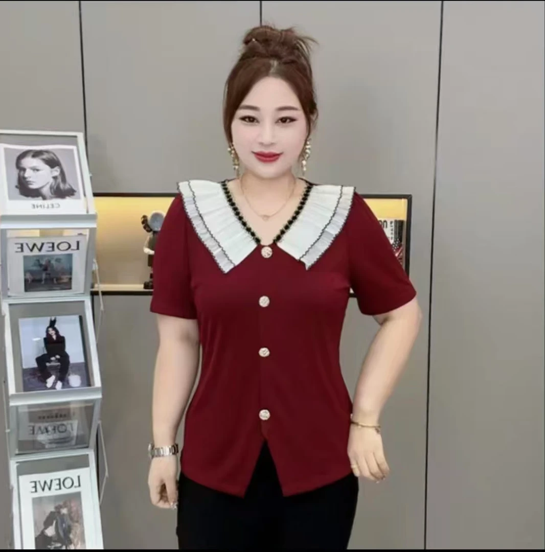 胖妹妹2025夏季大码女装短袖娃娃领遮肉小衫百搭气质减龄T恤上衣