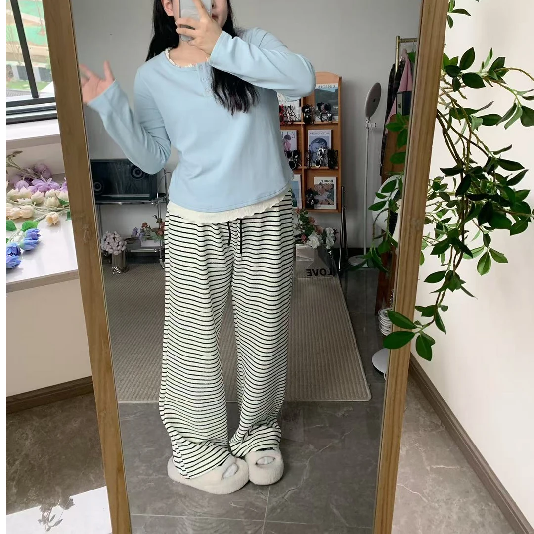 大码女装秋动直筒休闲慵懒风条纹裤直筒裤/加绒 3906 3960