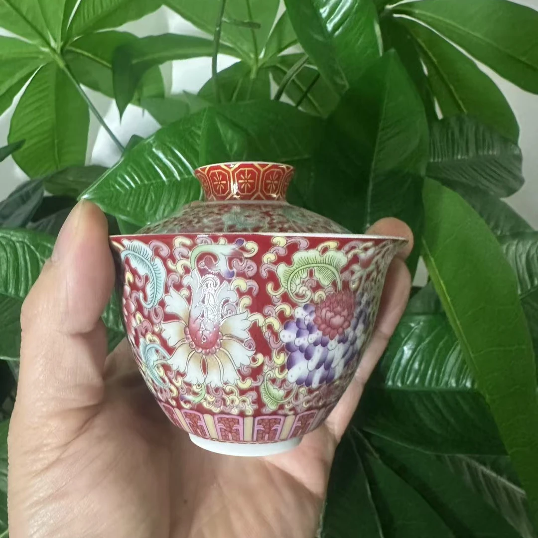 景德镇陶瓷珐琅彩辣椒红万花两才盖碗