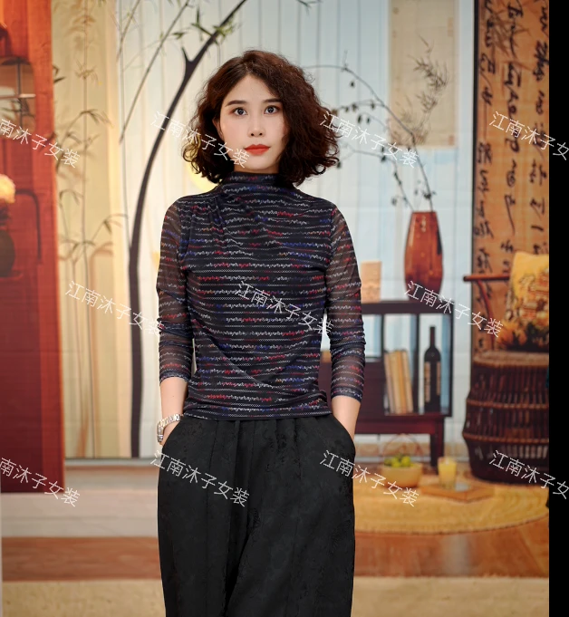 长袖网纱透气显瘦气质上衣条纹w字母