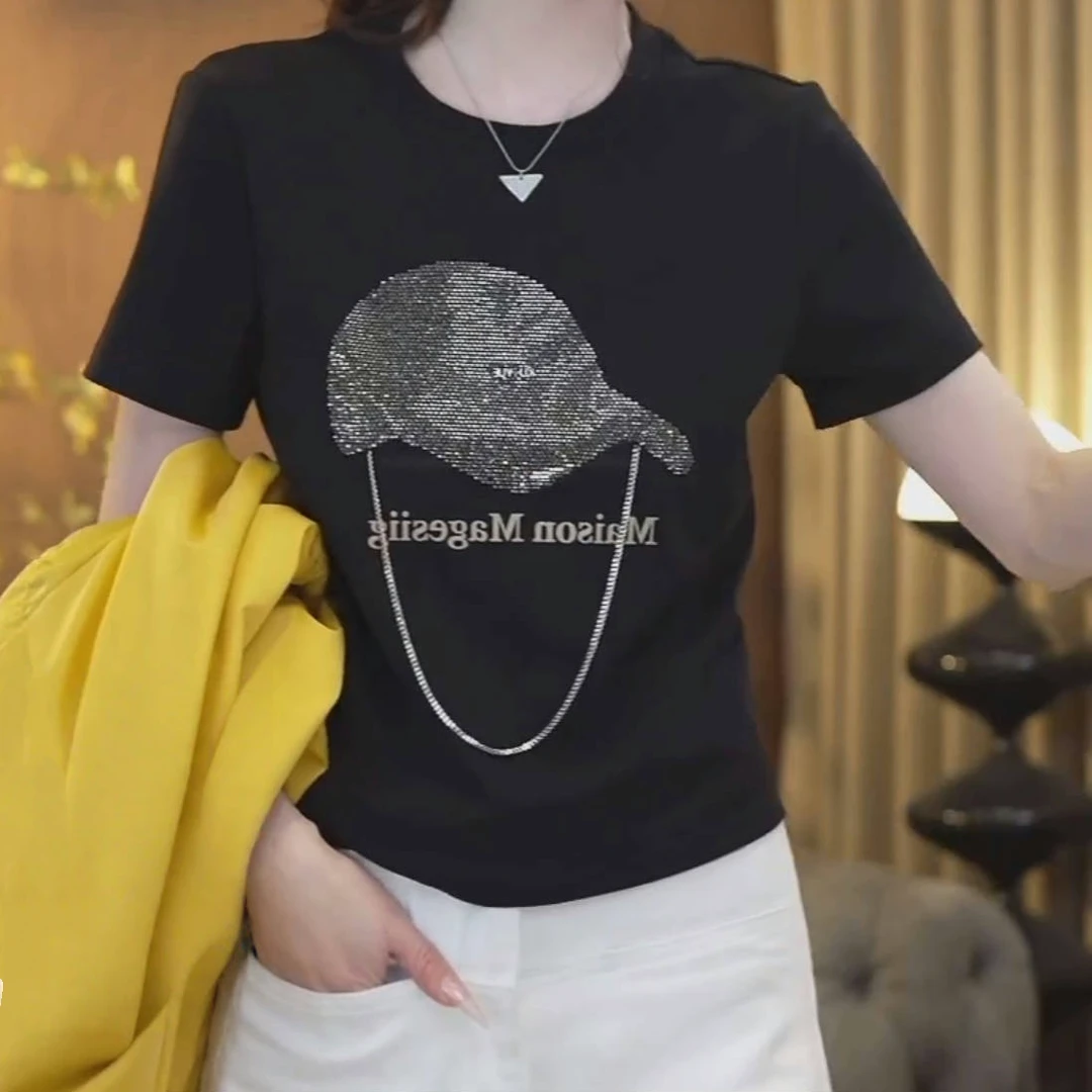 亮闪闪烫钻鸭舌帽短袖T恤女2025夏季新款设计师款休闲圆领上衣