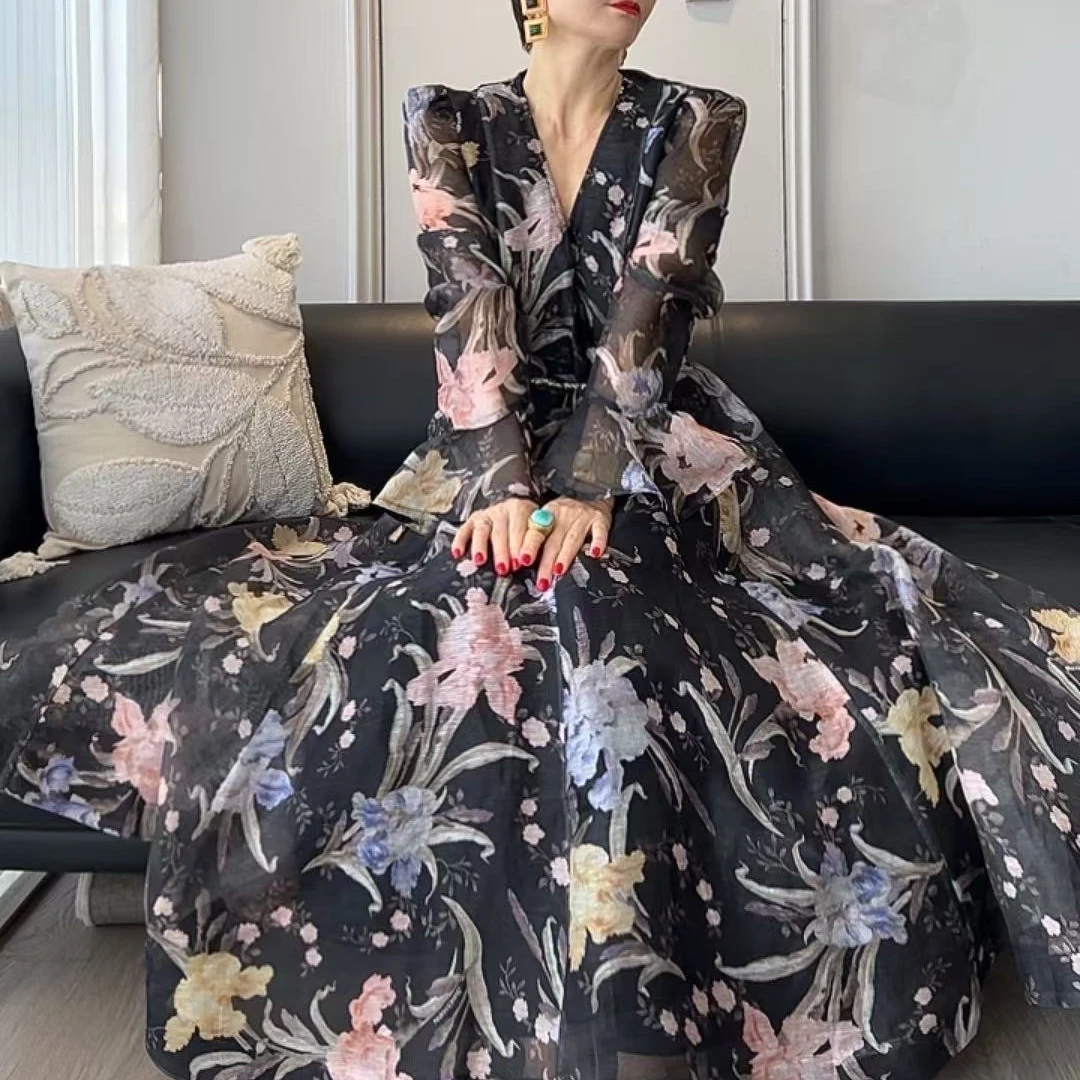 法式优雅气质收腰显瘦V领连衣裙2338