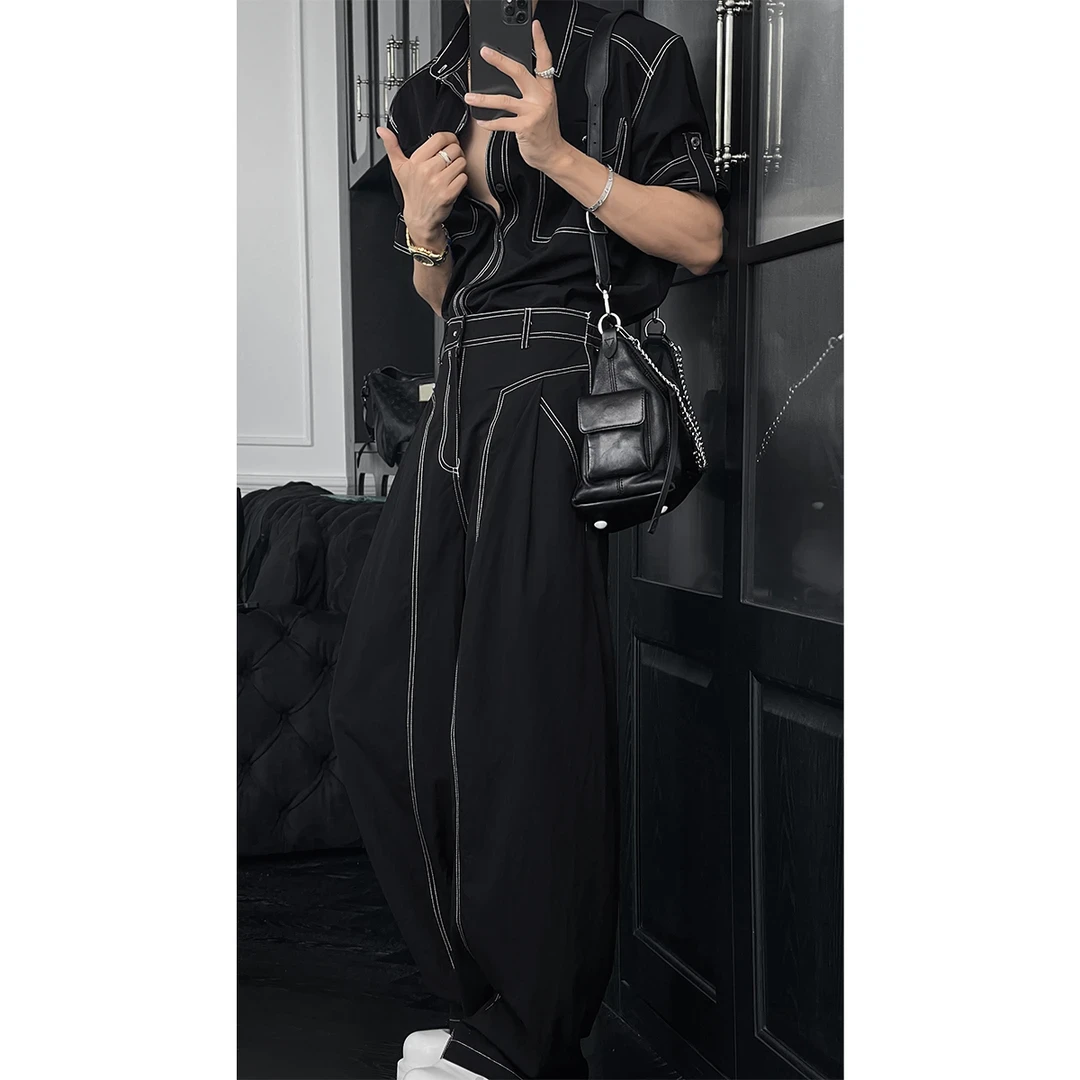 龙刀刀夏季新款潮流复古工装口袋明线设计感百搭衬衫宽松长裤套装