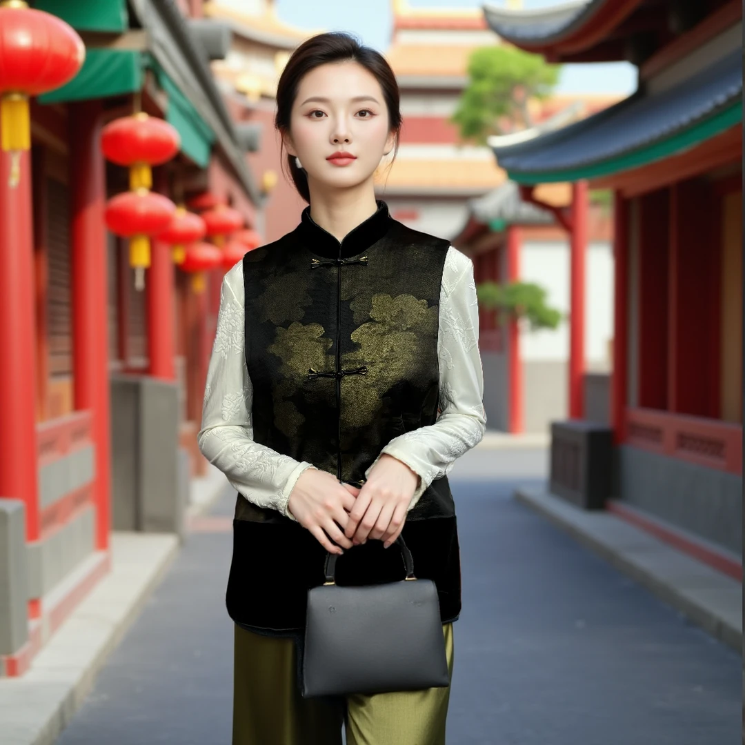 【汐颜】新中式 洒金祥云 丝绒马甲 中国风丝绒女装12130-1