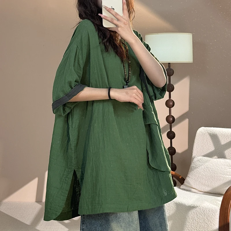 【桐桐家】夏季宽松型中袖圆领显瘦拼色休闲韩版文艺夏季薄款上衣