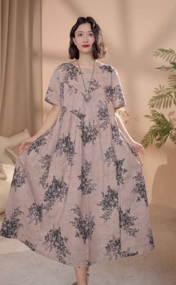 夏季新款高端碎花长款印花宽松收腰显瘦遮肉连衣裙长裙a88