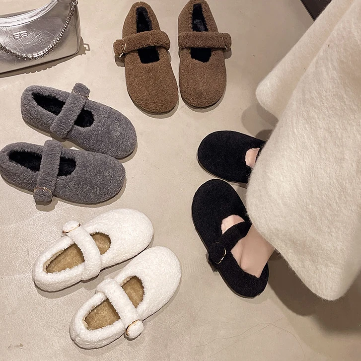 灰色玛丽珍毛毛鞋女冬外穿新款韩版呢子单鞋女平底加绒保暖棉鞋子