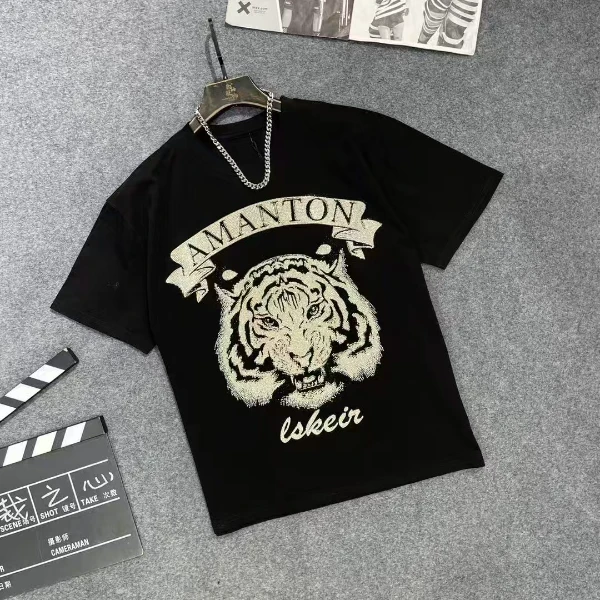 176短袖虎头烫钻潮流T恤上衣男士个性圆领重工后背净版