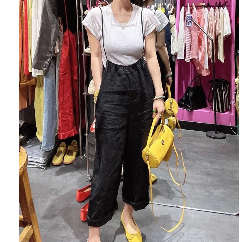 韩系黑色纯色背带裤女款阔腿裤休闲裤夏季2025新款宽松百搭裤子