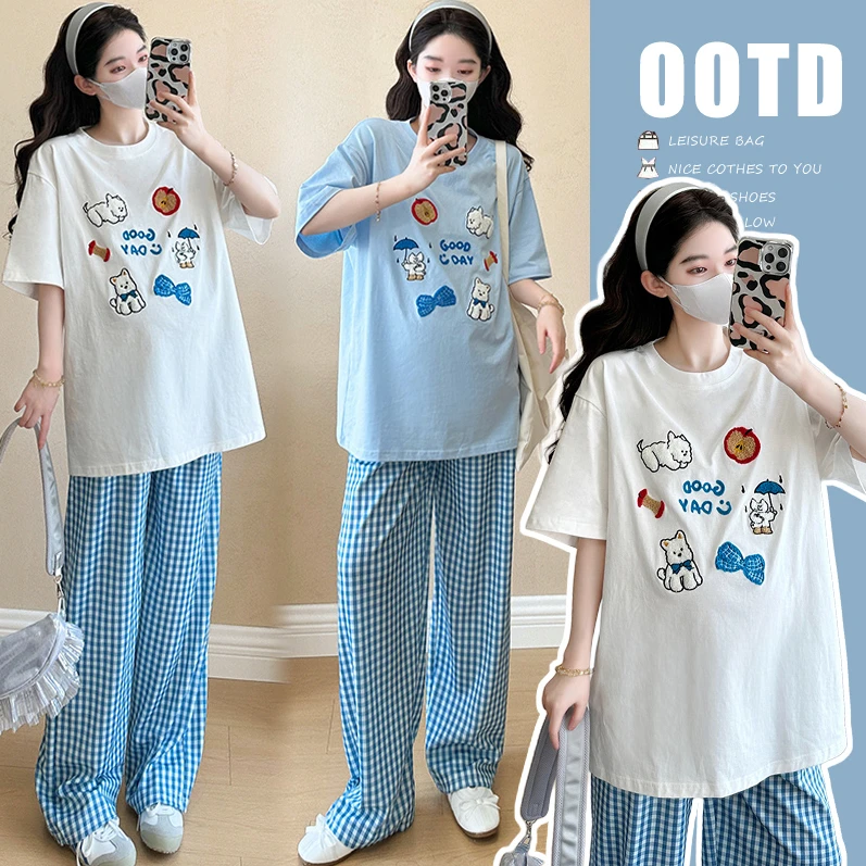 时髦孕妇装新款夏季休闲刺绣宽松上衣显瘦款格子裤孕妇套装两件套