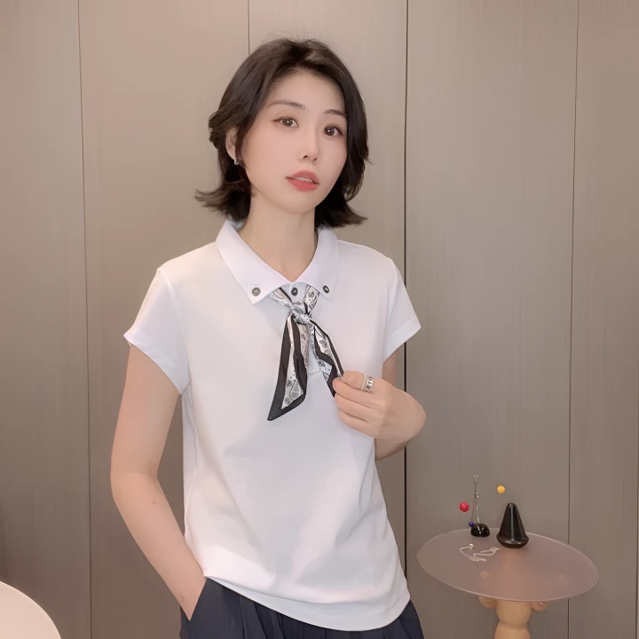 翻领丝巾短袖夏季新款正肩袖T恤套头上衣