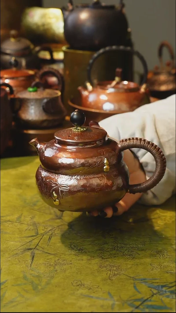 纯紫铜红色福禄泡茶壶