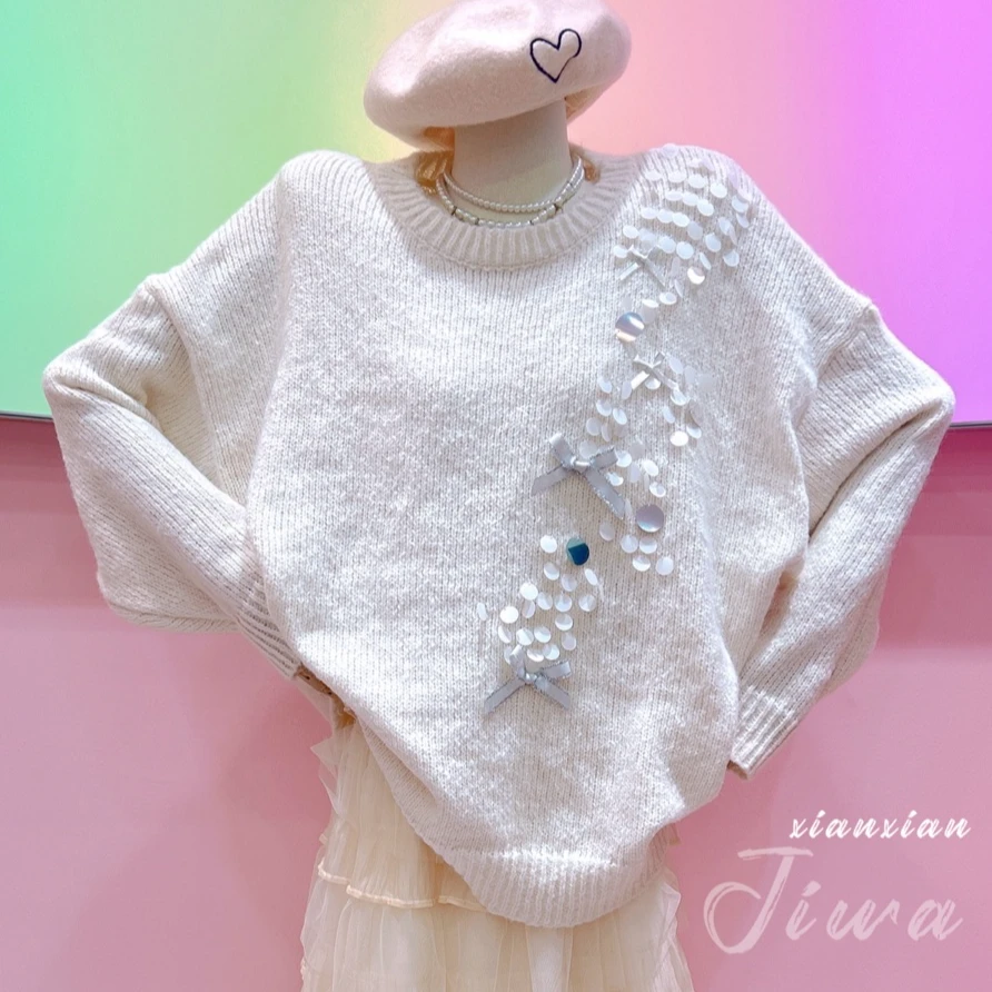 【纯熙+】90229秋冬新款美人鱼鳞片毛衣针织套头纯色毛衣甜美圆领