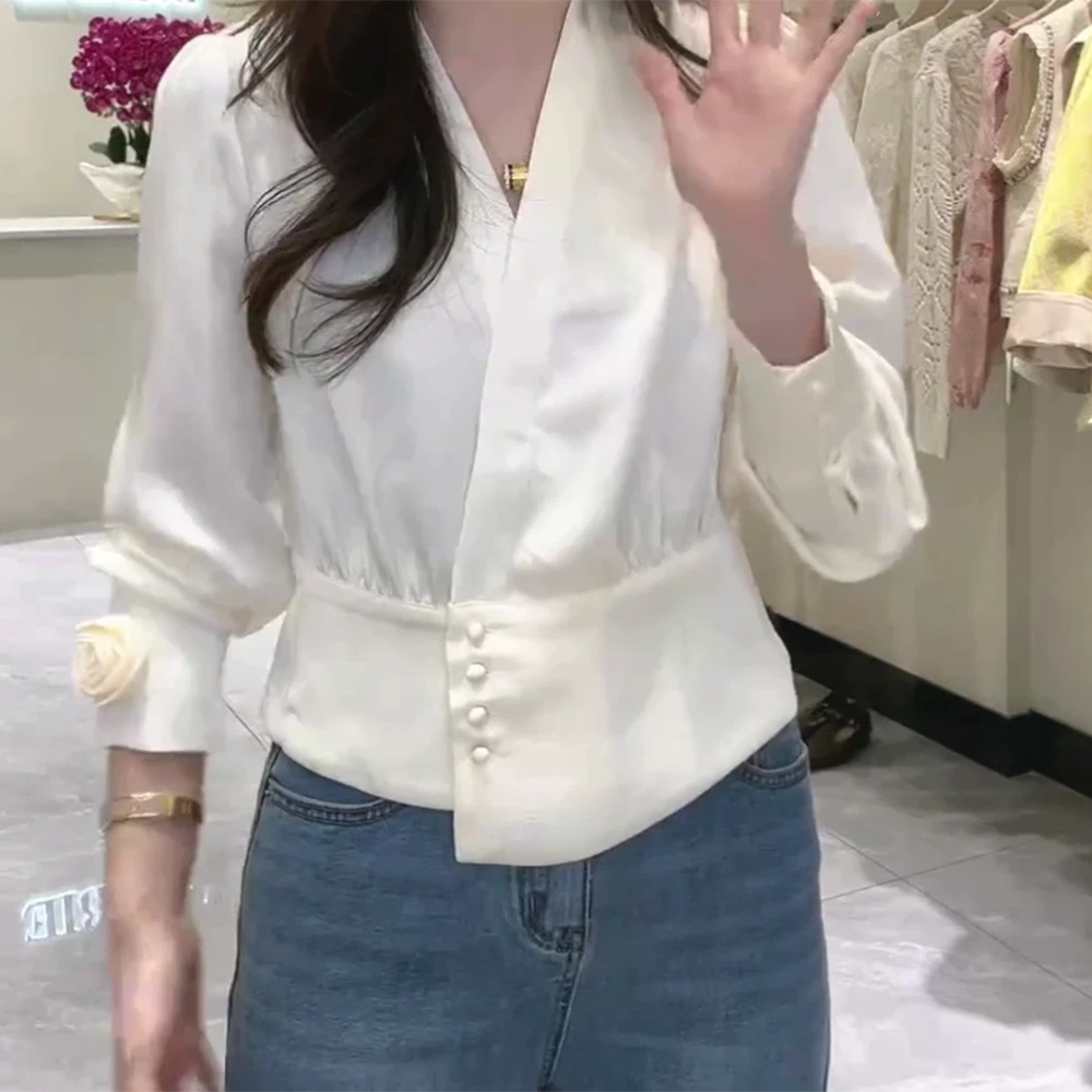 春款褶皱收腰玫瑰花朵长袖小衫气质显瘦女士百搭法式小众时尚