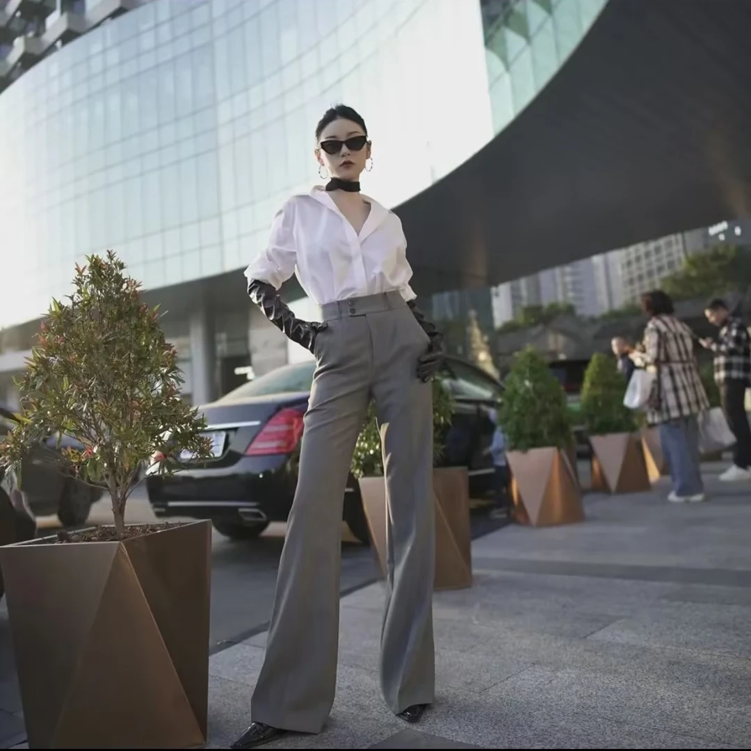 AMASS/阿玛施新款显瘦宽松拖地裤休闲微喇裤垂感西装裤510021