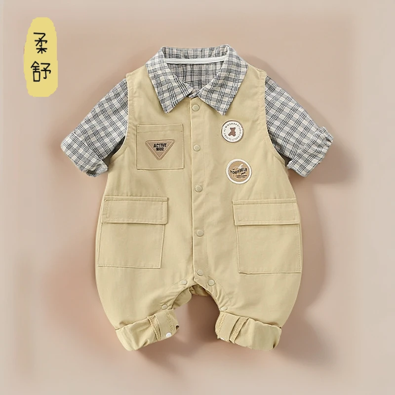 儿童长袖分体套装婴儿男童洋气宝宝格子长袖衣服韩版春秋两件套