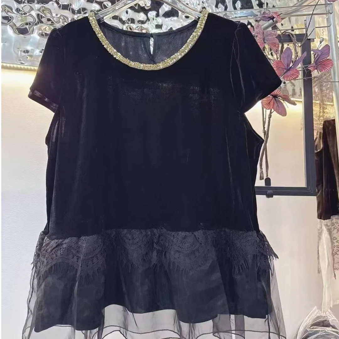 〖猫姐衣橱〗夏季新款重工圆领拼钻欧根纱上衣6676