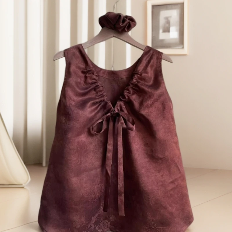 今年超火2025夏季蝴蝶结红棕色无袖背心上衣女款法式独特吊带小衫