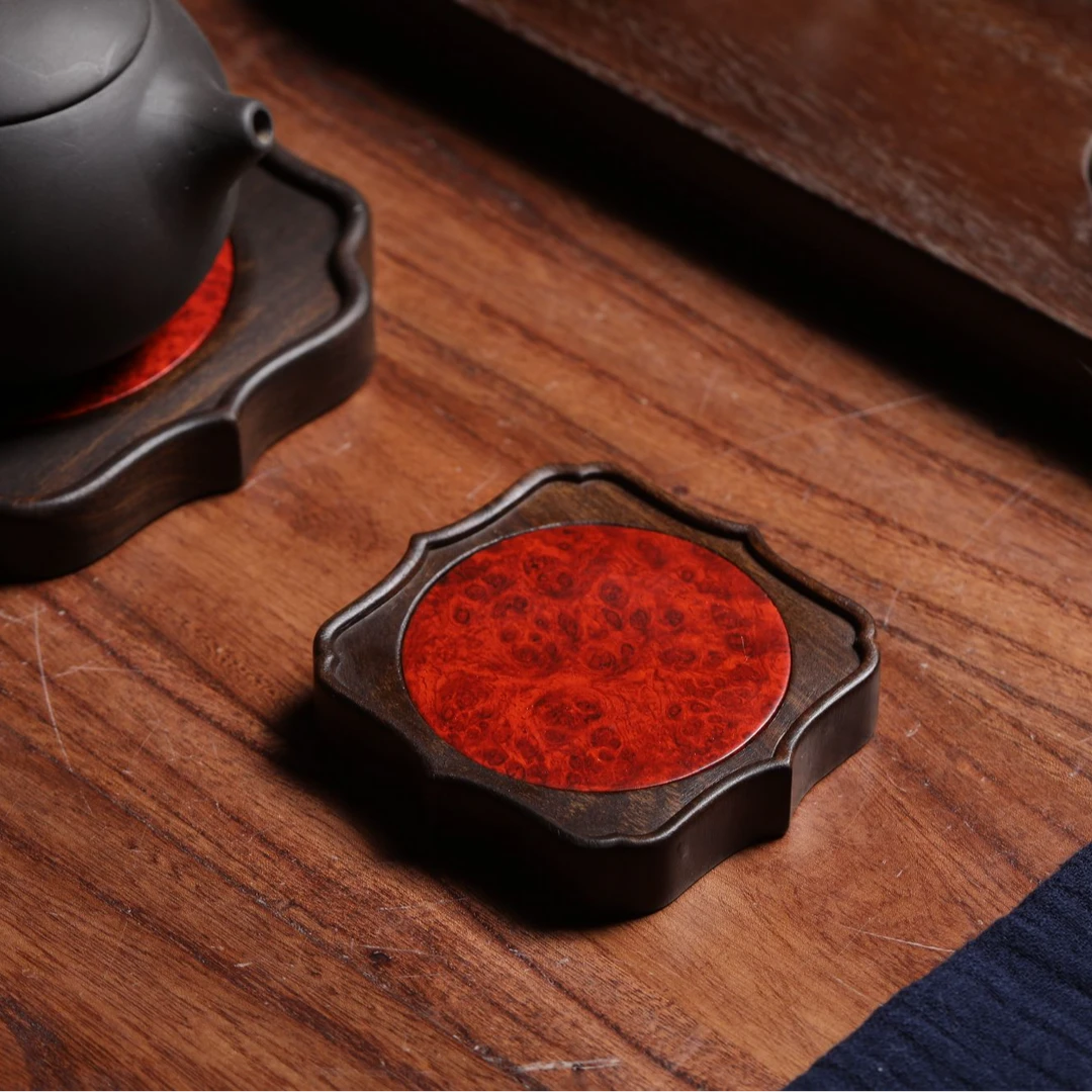 【干泡杯垫】7.8*1.4cm紫光檀镶嵌瘤疤复古精工雕刻