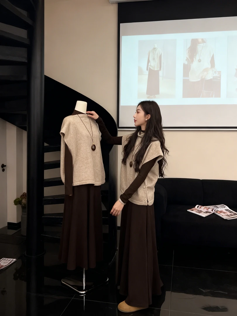 巨好看的秋装一整套独特漂亮韩系小香风针织马甲半身裙三件套装女