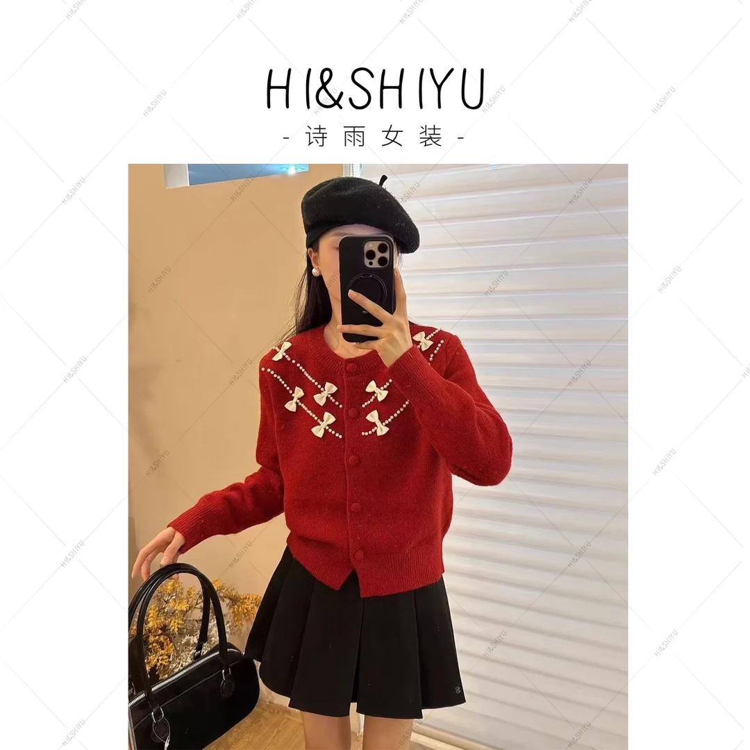 HISHIYU【珍珠蝴蝶】重工钉珠蝴蝶结毛衣针织开衫