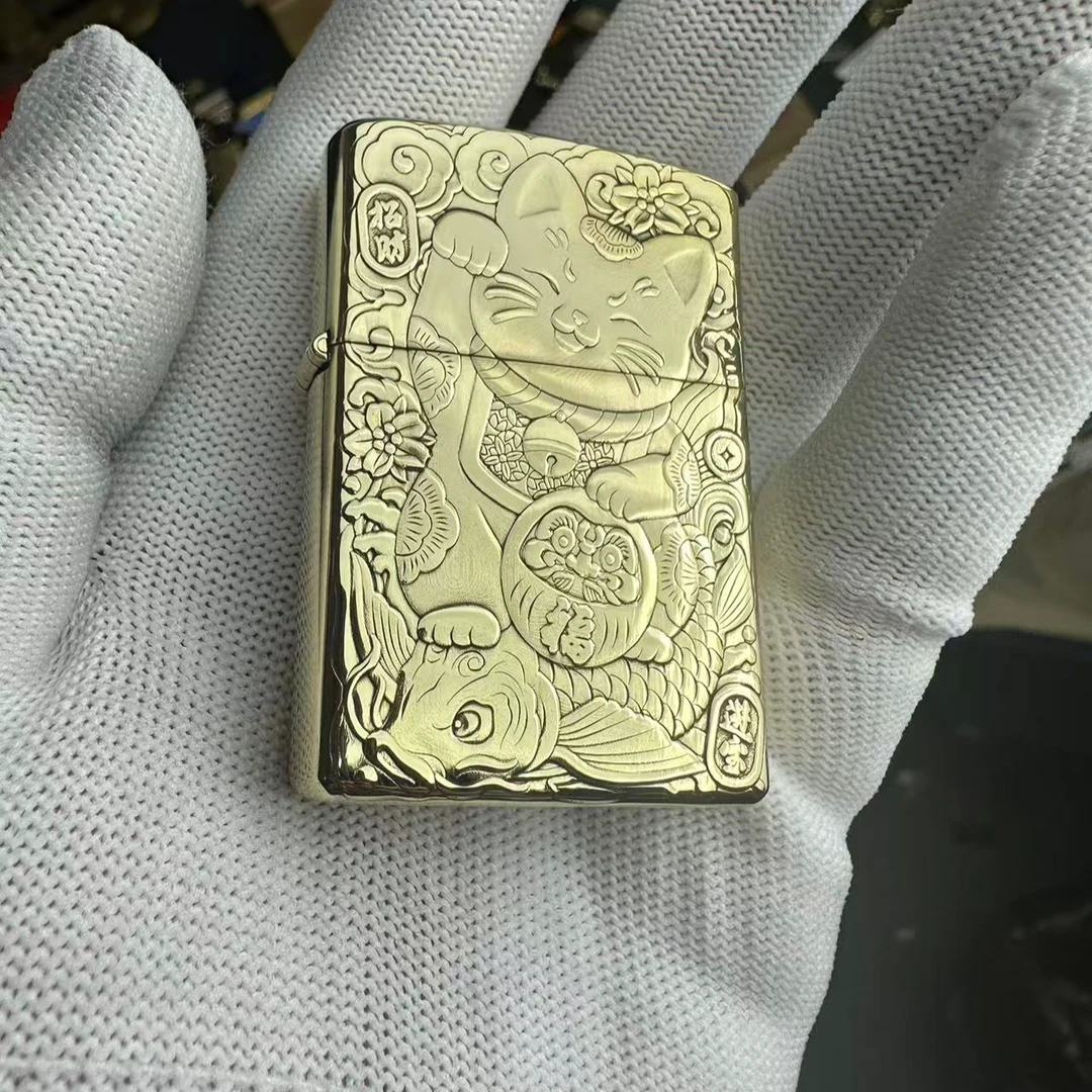首领浮雕黄铜招财猫煤油打火机复古防风